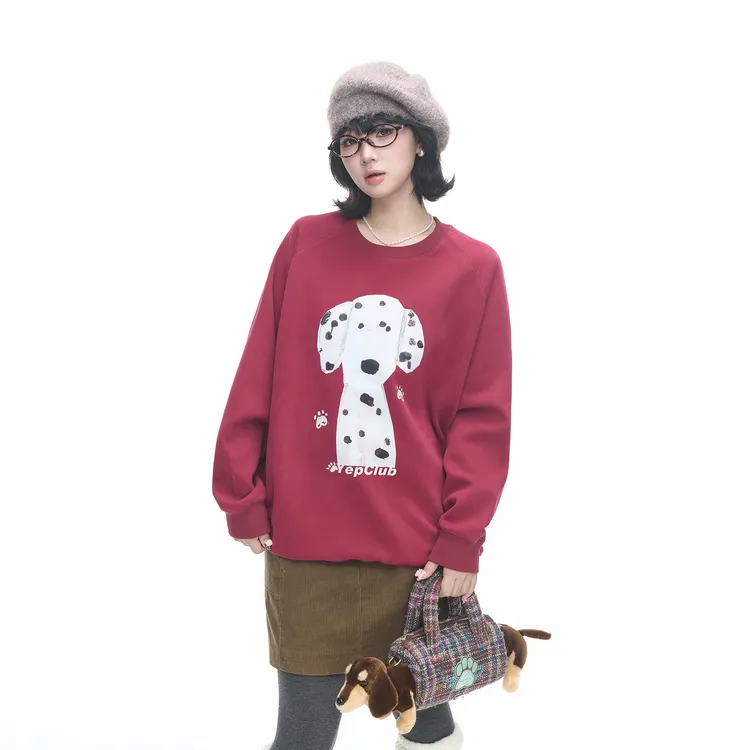 YEP美式潮牌卡通小狗印花圆领卫衣女秋冬季新款宽松休闲套头上衣