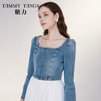 2054【金拐子专属】糖力长袖牛仔手工钻饰方领上衣女TWRCS62054