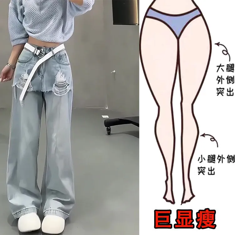 2025夏季薄款大码女装高腰牛仔裤梨形身材显瘦百搭假两件阔腿裤裙