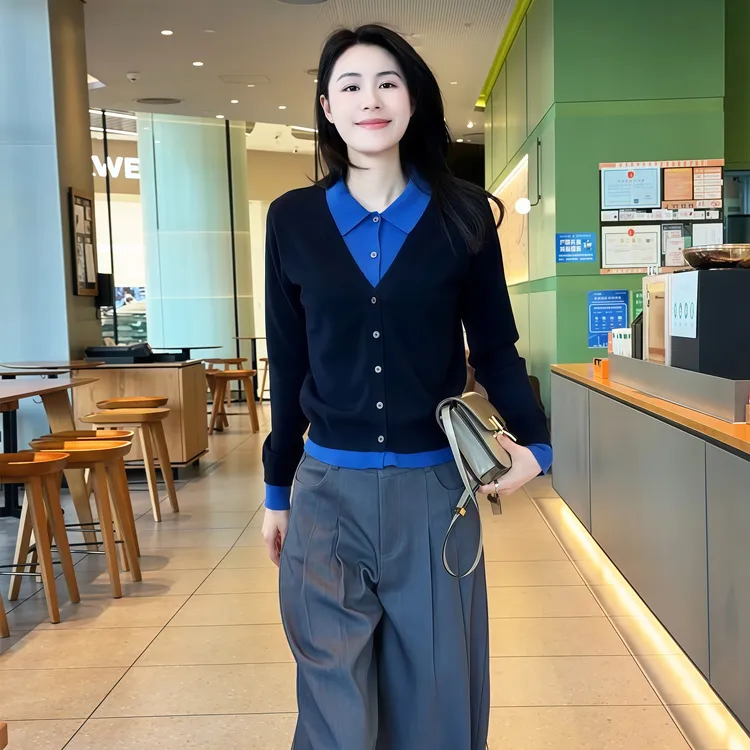 【剑桥日记】Mayya Plus麦芽定制款气质显瘦假两件撞色开衫32547781