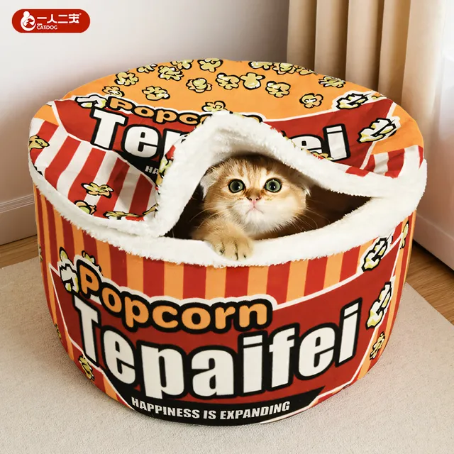 爆米花猫窝冬天保暖泡面 面冬季猫咪睡窝冬封闭式安感冬日过冬