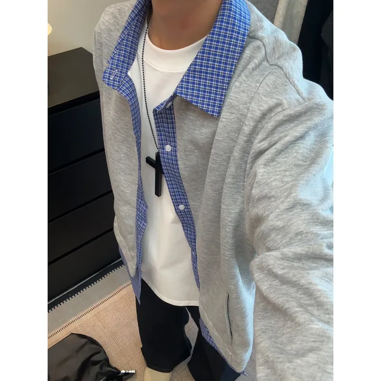 拼接格子假两件外套男秋季新款设计感翻领开始卫衣情侣宽松夹克潮