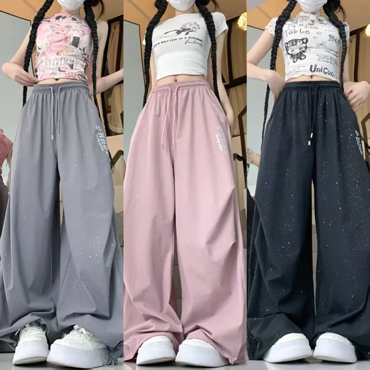 美式街舞潮牌细闪伞兵工装裤女2025夏季高腰宽松爵士舞阔腿休闲裤