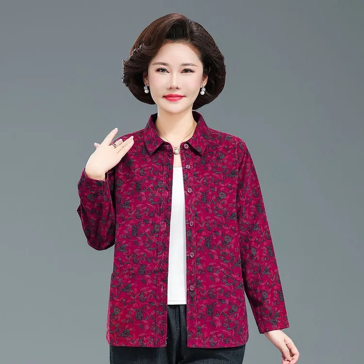 中年女士全棉衬衫长袖秋装宽松衬衣妈妈灯芯绒纯棉条绒开衫上衣