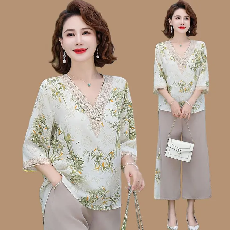 皮尔卡丹妈妈夏装套装2025新款中老年女装夏季洋气雪纺短袖小衫上
