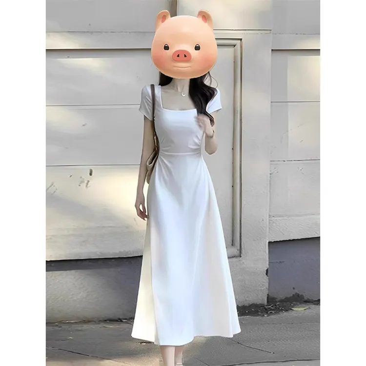 白色修身法式收腰短袖连衣裙女款夏季爆款2025新款裙子高级感长裙