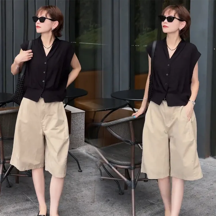 夏季新款时尚设计感宽松显瘦休闲无袖马甲开衫直筒百搭短裤两件套