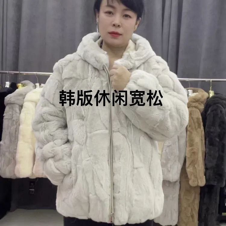 女款韩版休闲拼皮连帽冬季加厚保暖外套