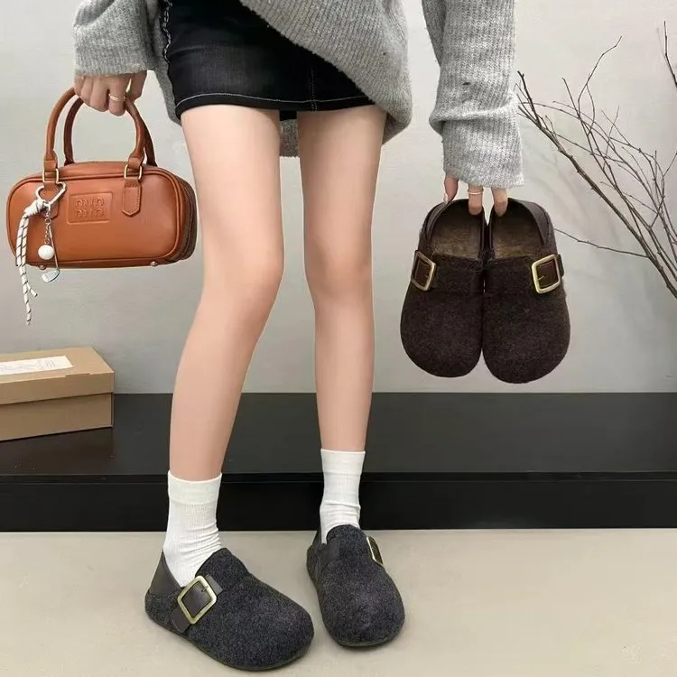 爆款复古两穿毛呢全包勃肯鞋厚底内增高绝美高级感毛毛鞋9905