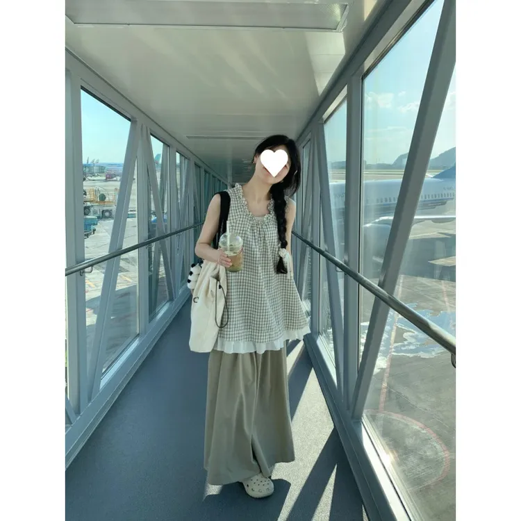 时尚格子两件套装女春夏季新款宽松显瘦无袖背心气质阔腿裤长裤子
