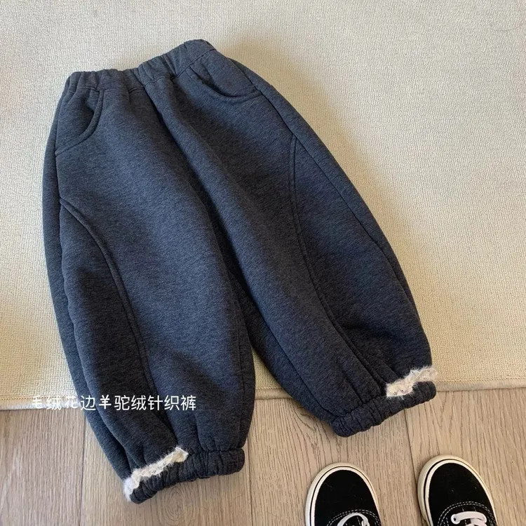 女童冬季加厚绒卫裤可爱蕾丝边束脚休闲外穿裤毛绒加绒保暖针织裤