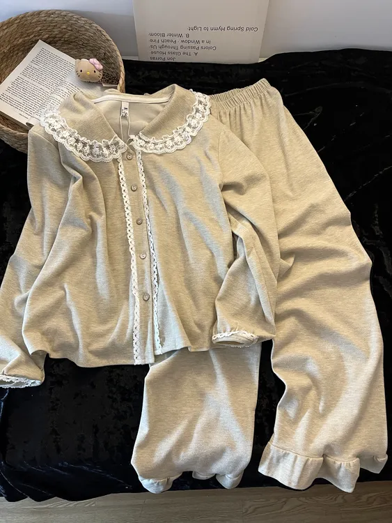 甜美蕾丝花边娃娃领德绒睡衣女秋冬季新款加厚保暖家居服套装外穿