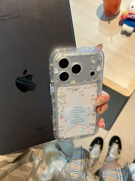 可爱透明蓝格星星围边小动物适用iPhone17pro手机壳苹果16pro新15