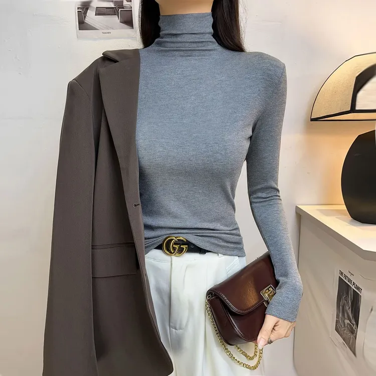 灰色高领打底衫内搭女2025秋冬新款修身显瘦加绒加厚长袖T恤上衣