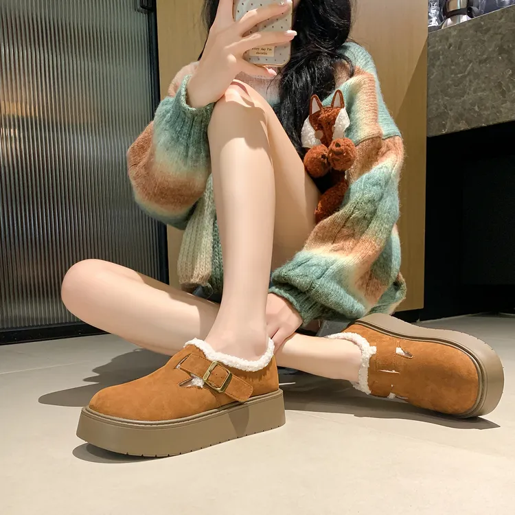 真皮~加绒勃肯鞋女秋冬季保暖棉鞋全包增高厚底毛毛鞋32-43大小码