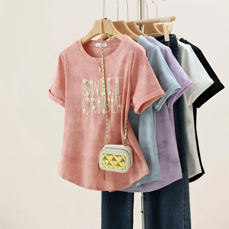 大码扎染重字母正肩t恤女夏季新款胖mm遮肉显瘦百搭圆领上衣