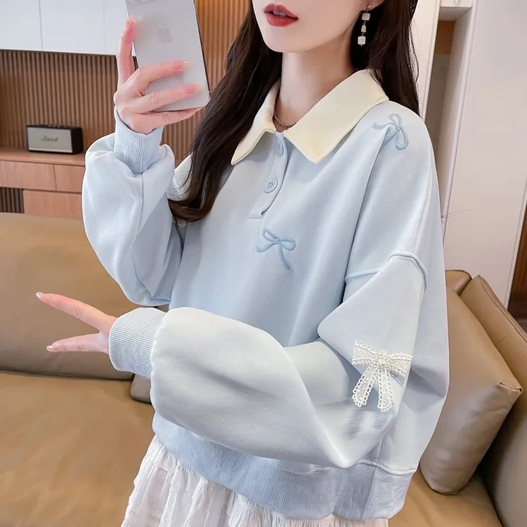 撞色polo领蝴蝶结卫衣女2025新款春秋韩版宽松薄款假两件上衣外套