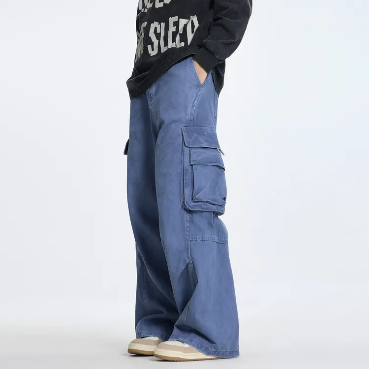 法工蓝复古工装裤男多口袋复古做旧baggy休闲裤美式通勤裤子情侣