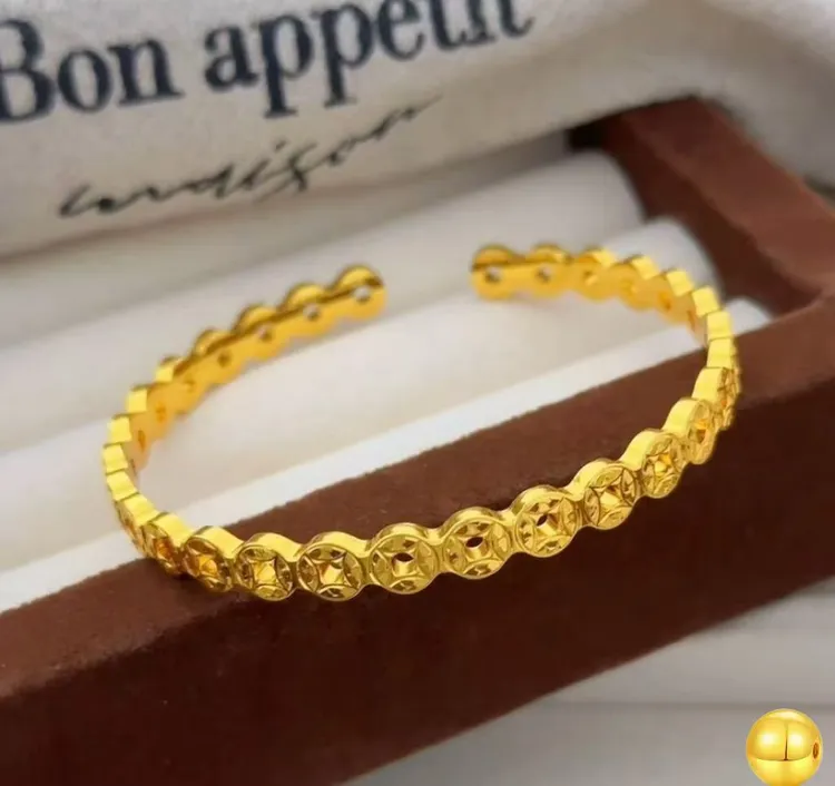 铜合金手镯 合金手镯爆闪碎冰冰铜钱手镯亮面满钱币暴富开口镯子