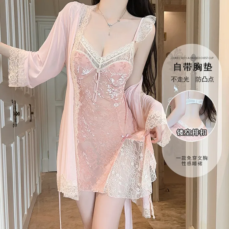 带胸垫甜美性感深V露背丝绒睡裙外袍夏天蕾丝轻奢夏季法式女士