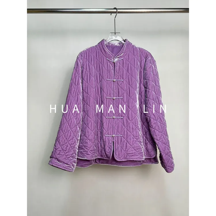 【花满林】小立领前短后长桑蚕丝丝绒加厚外套252381