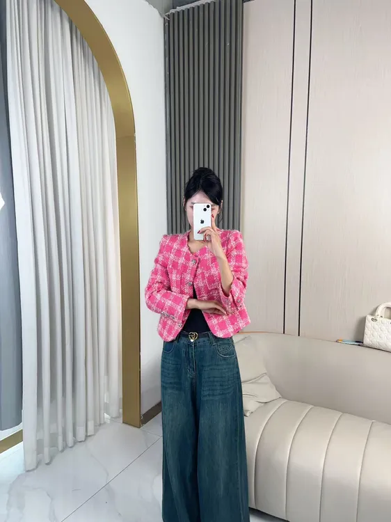 MSSY美舒尚衣【粉格子】小香风气质短款女士编织红色粗花呢60097