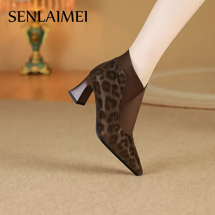 SLM牛皮单靴8993时尚真皮33-41粗跟V口豹纹短靴高跟时装靴短靴子