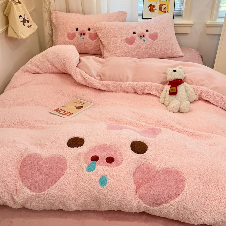 卡通牛奶绒羊羔绒四件套冬季加厚珊瑚绒被套双面绒床单床上三件套