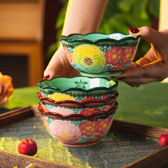 绿影碗家用陶瓷餐具高颜值饭碗汤碗面碗个人专用复古小碗2025新款