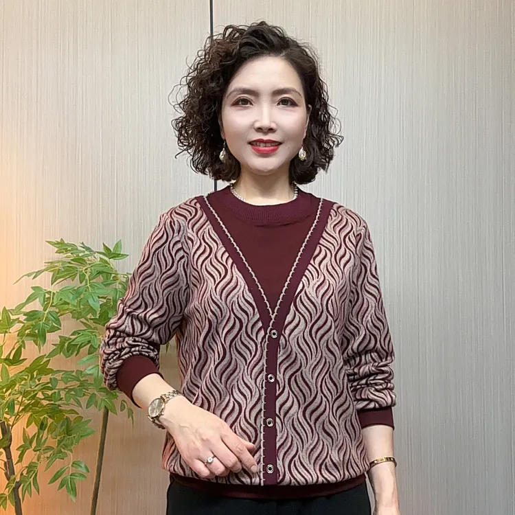 秋冬中老年妈妈装宽松洋气假两件气质流光风印花保暖休闲女打底衫