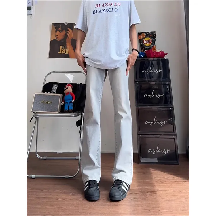 美式复古烟灰色牛仔裤男秋季高街vibe弯刀裤子修身显瘦微喇直筒裤