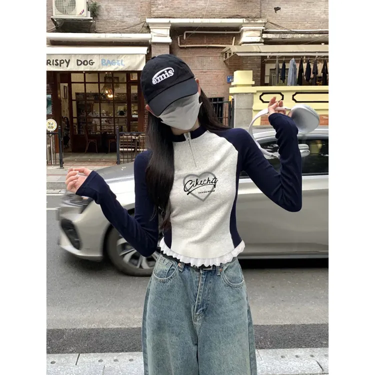 清仓捡漏~2025秋季打底长袖T恤女撞色插肩袖蕾丝边立领设计感上衣