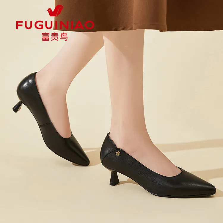 富贵鸟真皮尖头单鞋女2025新款春秋细跟上班小皮鞋浅口中跟高跟鞋