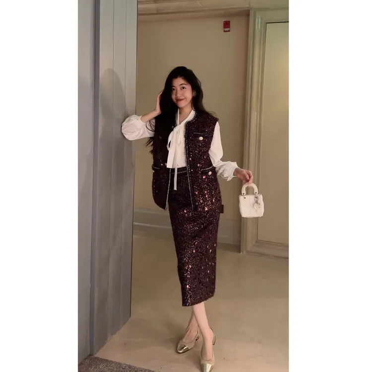 N.COU妮蔻25秋新款法式小香风贵气感轻奢编织镶边马甲套装DY23173