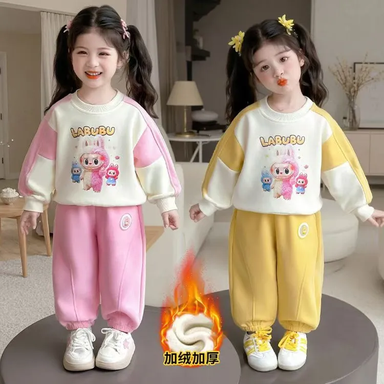 女童秋冬款加绒加厚拉布布套装2025新款儿童宝宝休闲运动两件套
