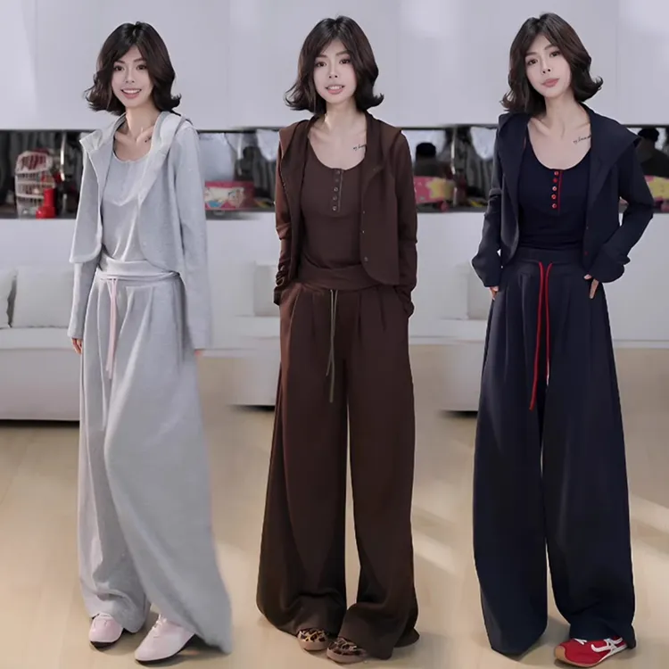 巨好看秋季穿搭一整套女时尚别致吊带背心+开衫外套+阔腿裤三件套