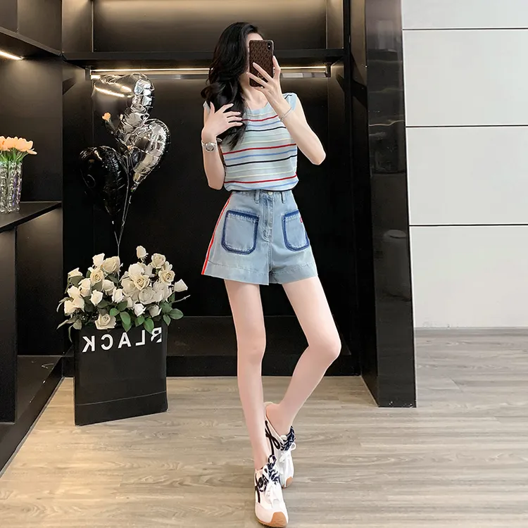 法式条纹针织外穿背心女袖坎肩上衣阔腿牛仔短裤高腰A字热裤薄款