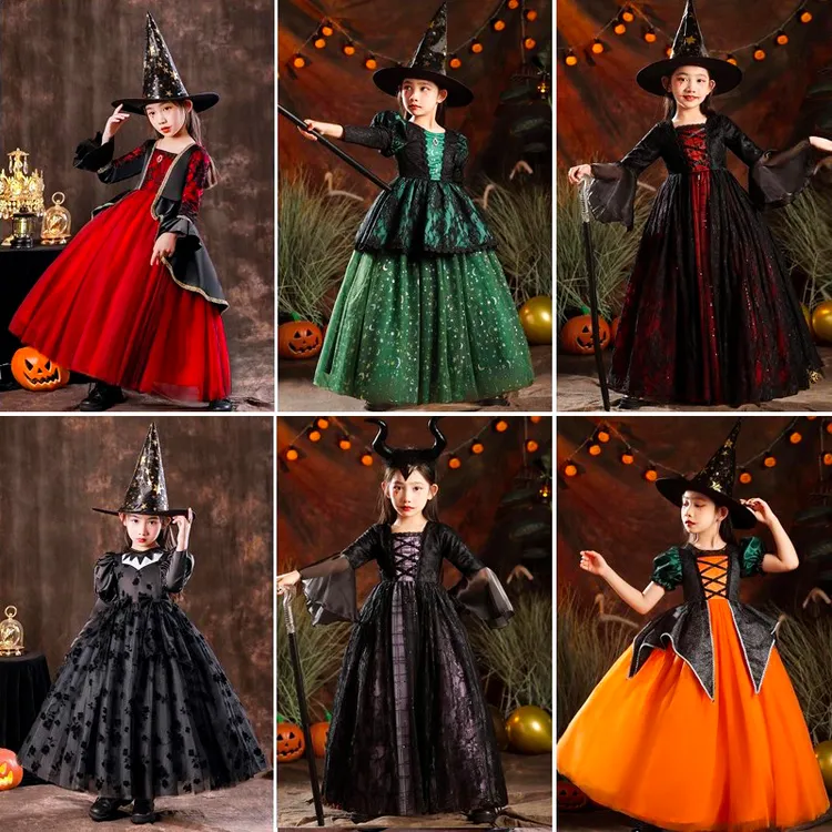 万圣节儿童服装女童吸血鬼女巫cosplay连衣裙黑色恶毒王后演出服