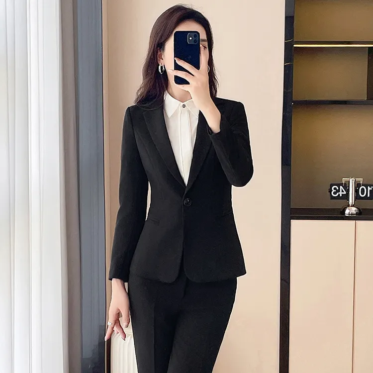 黑色职业西装套装女秋冬面试通勤上班商务正装酒店前台销售工作服