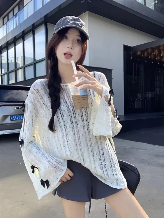 实拍~秋季新款韩版宽松慵懒风甜美蝴蝶结镂空针织套头上衣女