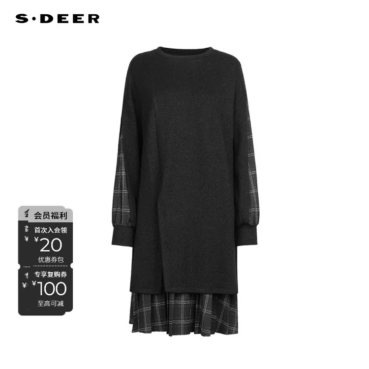 S·DEER圣迪奥新款百搭打底时尚宽松遮肉拼接针织连衣裙S244Z1260