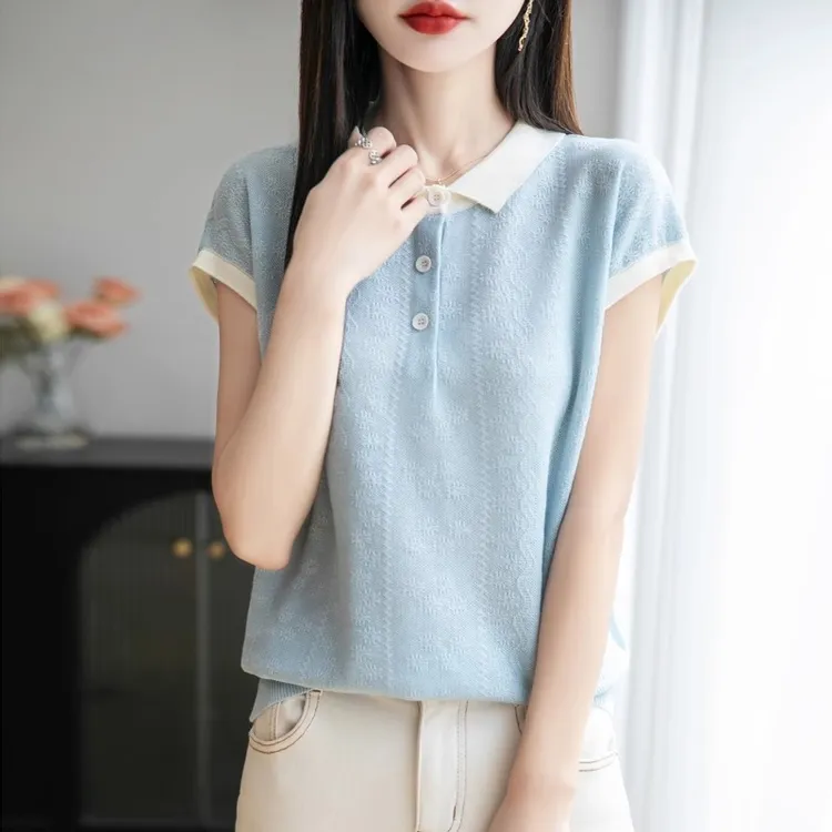 高端显瘦POLO领短袖女夏季冰丝针织洋气背心T恤时尚气质休闲上衣