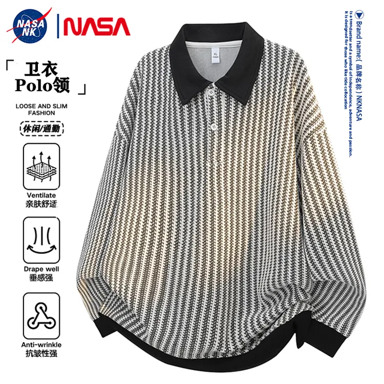 NASA联名美式复古POLO衫男士卫衣春秋季条纹百搭翻领潮牌休闲外套