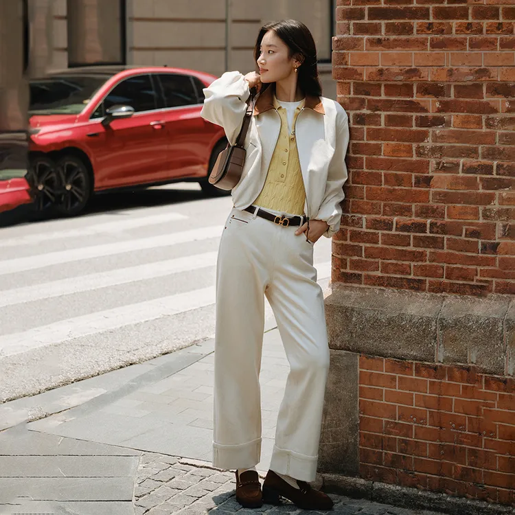 EP雅莹2025新款女装 简约金丝弹力棉宽松显瘦高腰直筒牛仔裤J628A