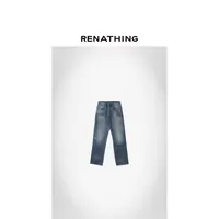  【RENATHING】做旧水洗脏蓝毛边牛仔裤