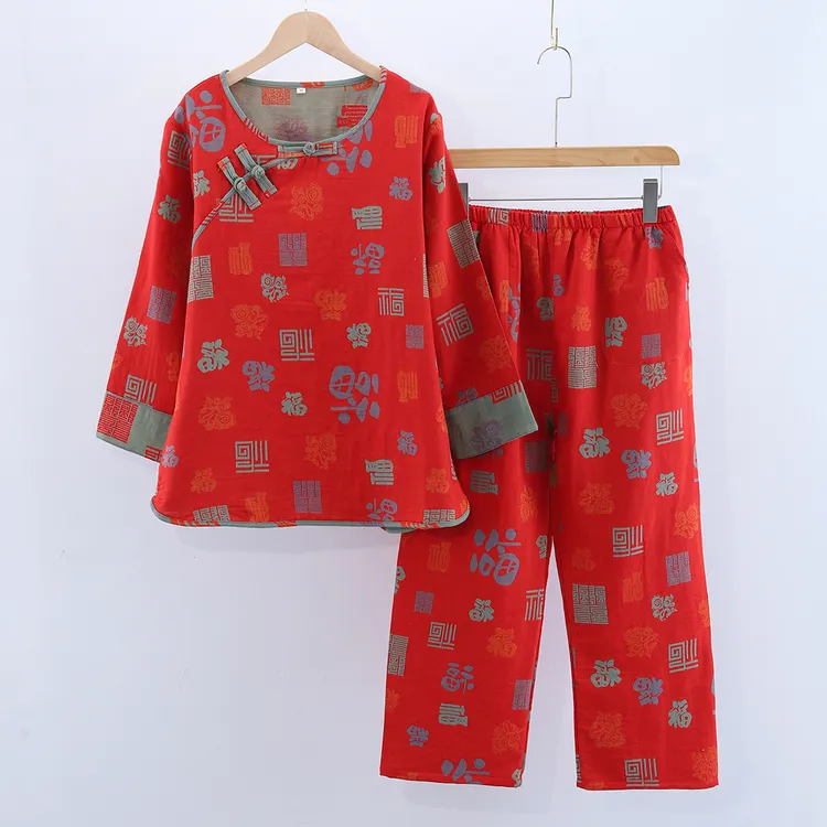 100%全棉睡衣女斜襟圆领双层纱复古国风新中式家居服可外穿福字