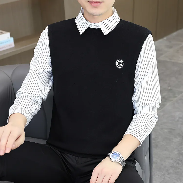 衬衫领针织衫男士秋冬新款假两件毛衣百搭潮流条纹时尚圆领打底衫