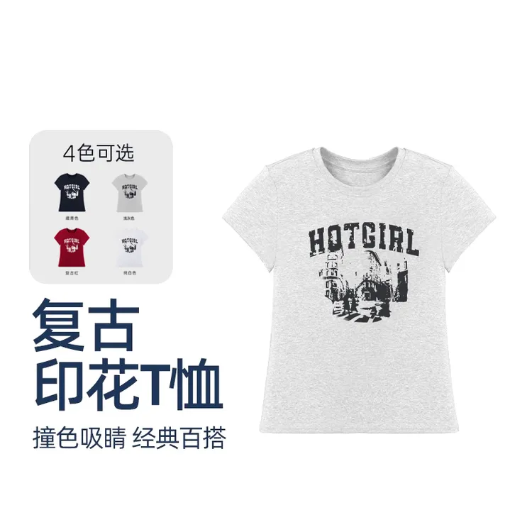 夏季复古印花短袖健身服女棉感运动上衣女生圆领百搭时尚跑步t恤