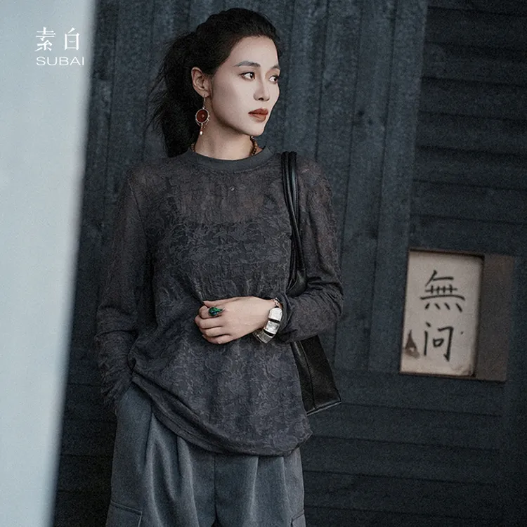素白马乖【青花】S01807提花长袖百搭舒适套头上衣