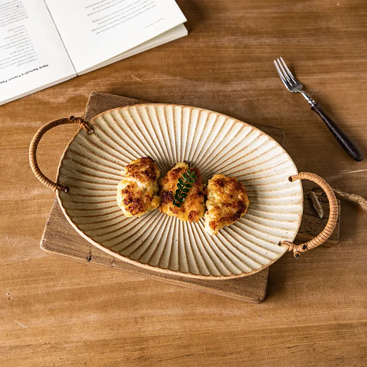 【手作椭圆寿司盘】复古绳编双耳炒菜盘料理盘意面沙拉盘烧鸟点心盘